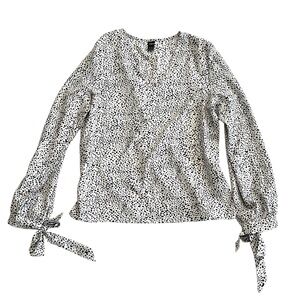 SHEIN White and Black Dalmatian Bishop Sleeve Tie Front Blouse Size Medium